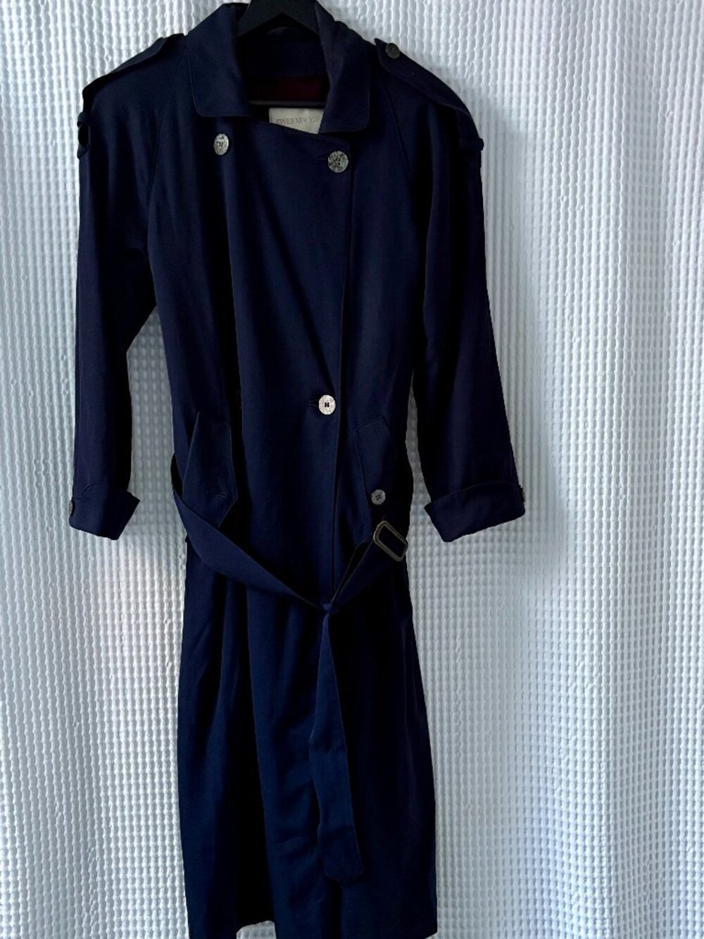 Vtg Jones New York fluid navy wool lined belted women's trench coat size S READ